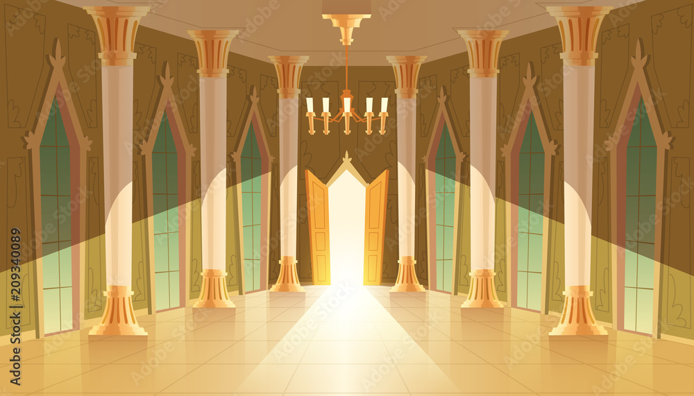 Vector castle hall, interior of ballroom for dancing, presentation or royal reception. Big room with chandelier, closed windows. Open door, light illuminates columns, pillars in luxury medieval palace - obrazy, fototapety, plakaty 