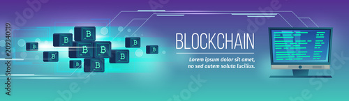 Vector blockchain concept in blue neon colors. Horizontal poster, banner with monitor with code, bitcoins mining, cryptocurrency. Illustration of internet banking, commerce in web.