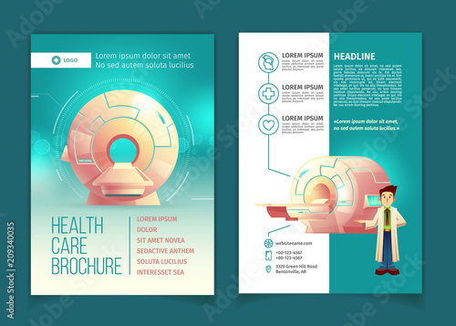 Vector medical examination brochure, health care concept with cartoon MRI scanner for tomography and doctor. Booklet, advertising flyer with diagnostic in hospitals, clinics. Modern technologies.