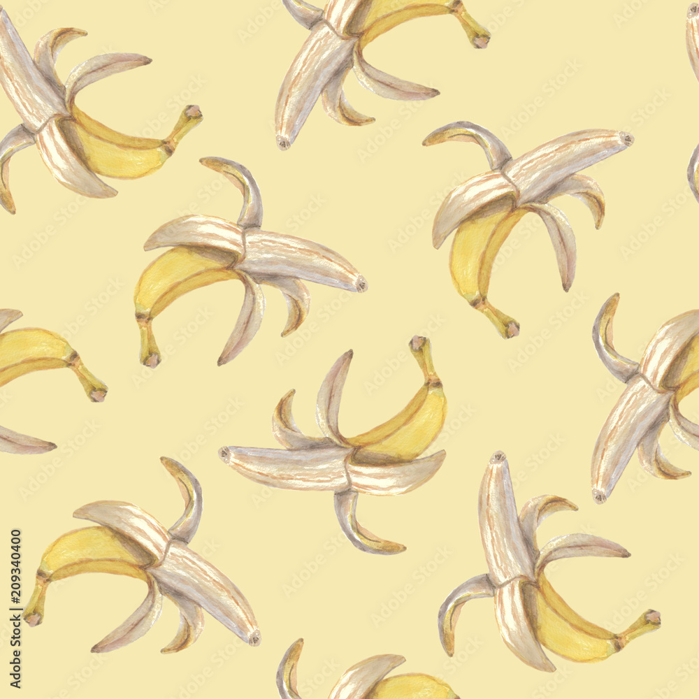 Obraz premium Seamless pattern of bananas on yellow background. Watercolor.