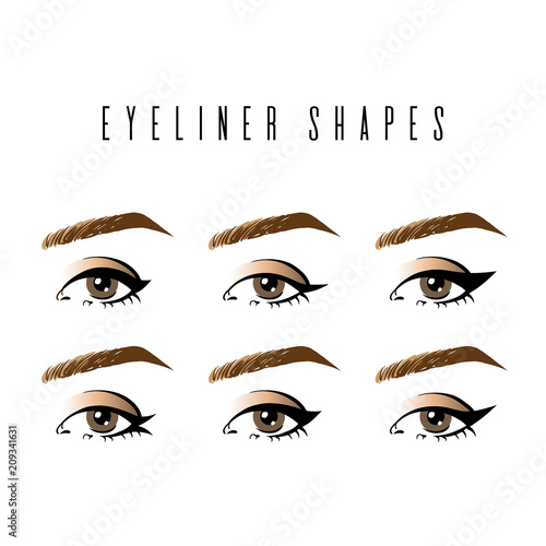 Eyeliner shapes. Various types of eyeliner, womens eyes, white background. Set of different vector eyeliner shapes. Cosmetic makeup. Collection of illustrations with captions. Makeup type info graphic