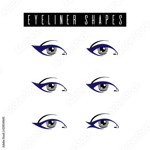 Eyeliner shapes. Various types with blue eyeliner on womens eyes. Set of different vector eyeliner shapes. Cosmetic makeup. Collection of illustrations with captions. Makeup type info graphic
