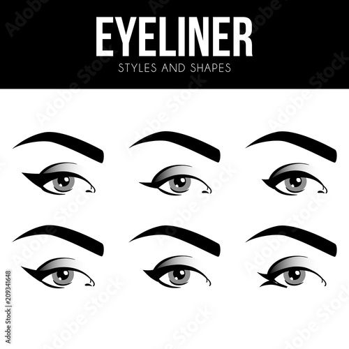 Eyeliner shapes. Various types with blue eyeliner on womens eyes. Set of different vector eyeliner shapes. Cosmetic makeup. Collection of illustrations with captions. Makeup type info graphic
