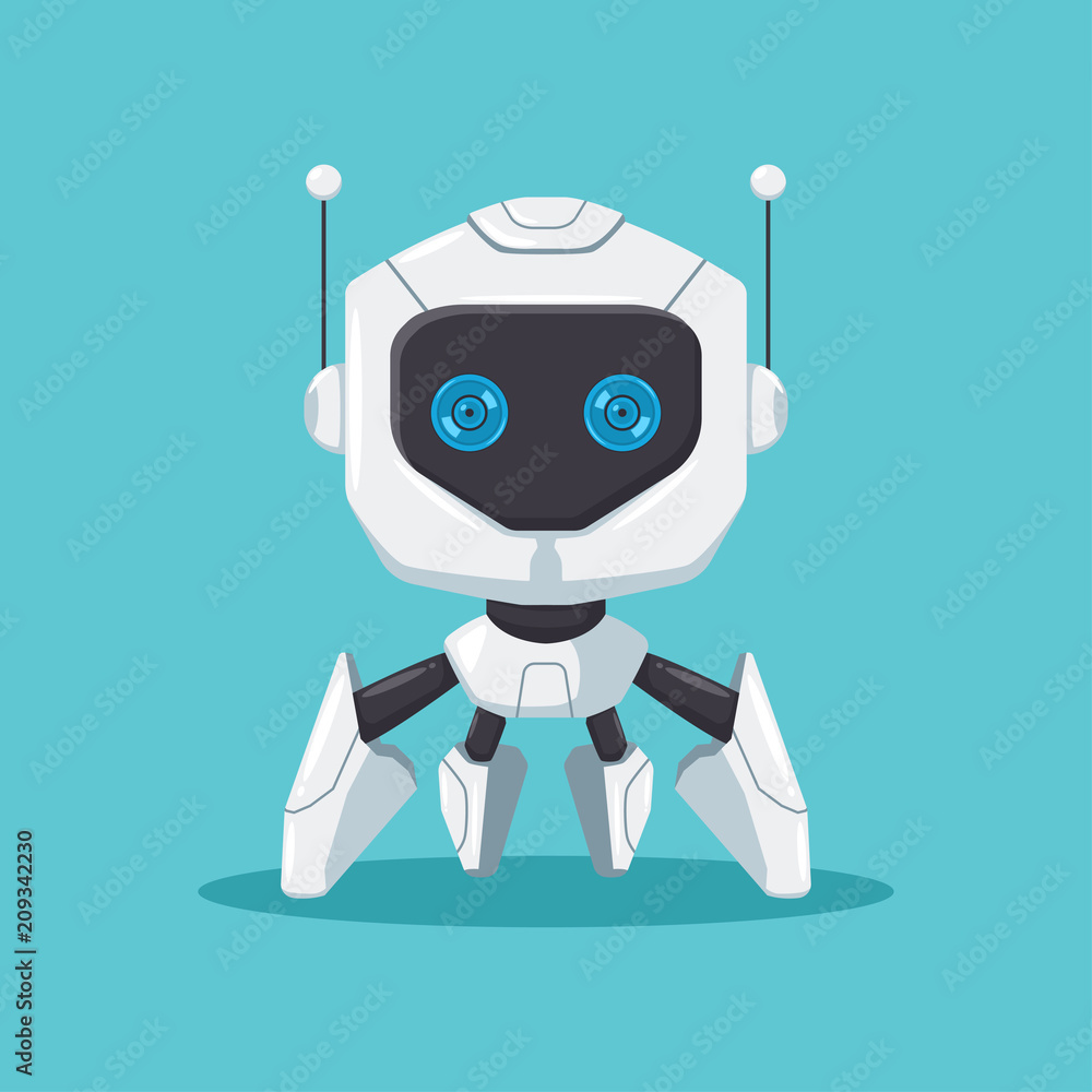 Cute robot with blue eyes and antennas. Vector flat cartoon character  isolated on background. Stock Vector | Adobe Stock