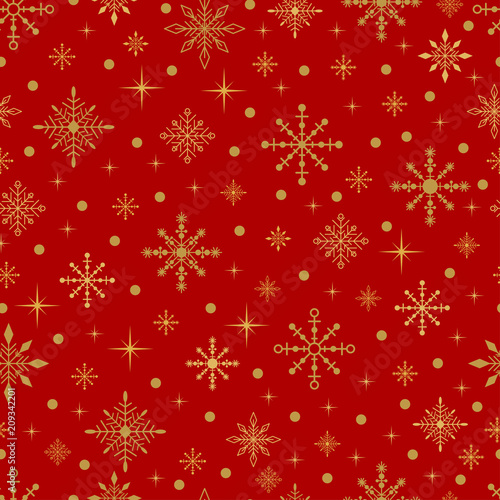 Gold snowflakes and stars on a red background. Vector seamless Christmas pattern.