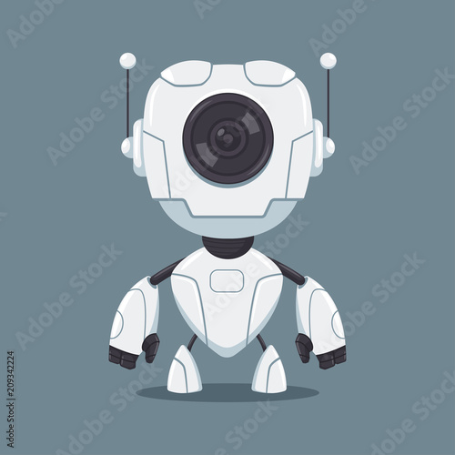 Cute white robot with lens vector flat cartoon character isolated on background.