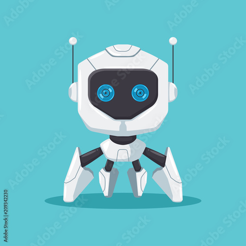 Cute robot with blue eyes and antennas. Vector flat cartoon character isolated on background.