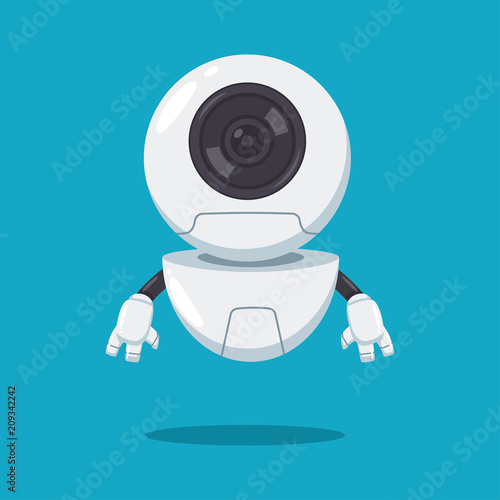 Cute flying robot with lens vector flat cartoon character isolated on background.