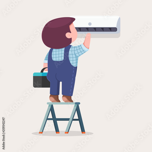 Air conditioner repair and installation. Vector cartoon flat illustration of cute man on a ladder maintenance and service a climatic technique.