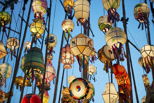 South Korea, Seoul, Lanterns lit up in the Buddhist temple of Jogyesa photo