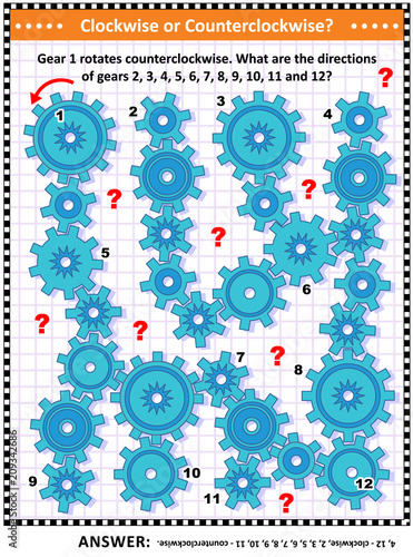 IQ and spatial skills training visual puzzle with gears rotating clockwise and counterclockwise. Answer included.
