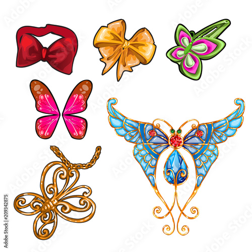 The set of objects on the theme of butterflies isolated on a white background. Vector cartoon close-up illustration. photo