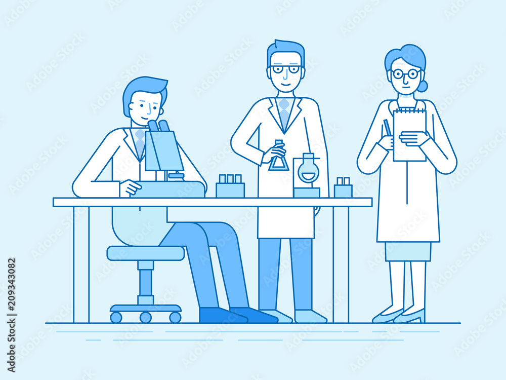 Vector illustration in flat linear style and blue color - medical explorations and science studies Vector illustration in flat linear style and blue color - medical explorations and science studies