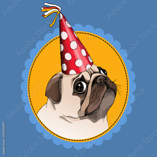 Bright poster. Portrait of a Pug in a red polka dot Party hat. Vector illustration.