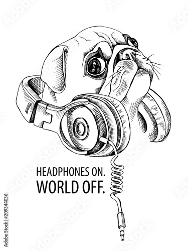Pug with a headphones on a neck. Vector illustration.