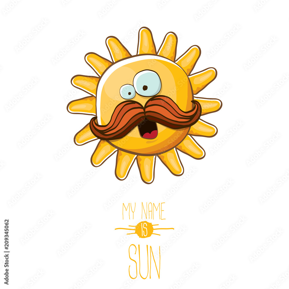 vector funky cartoon style summer sun character isolated on white background. My name is sun concept illustration. funky kids summer character with eyes and mouth vector funky cartoon style summer sun character isolated on white background. My name is sun concept illustration. funky kids summer character with eyes and mouth