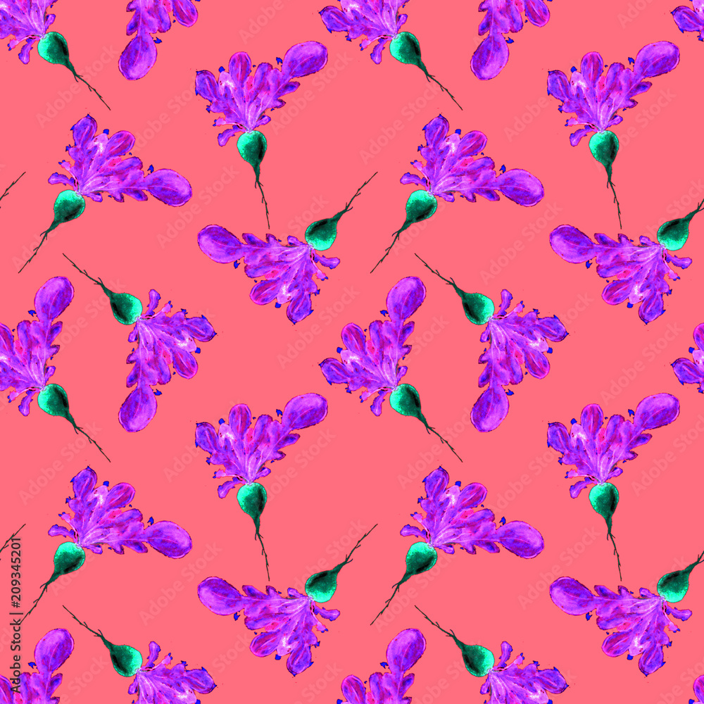Naklejka premium Watercolor Vegan Pattern. Seamless Hand Drawn Vegetables. Healthy Food Print. Gardening Background. Greenery Repeatable Design for Menu, Restaurant, Salat Bar, Farmers Market. Redish. Vegetarian.