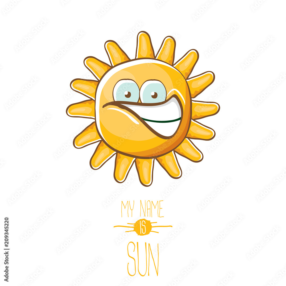 vector funky cartoon style summer sun character isolated on white background. My name is sun concept illustration. funky kids summer character with eyes and mouth vector funky cartoon style summer sun character isolated on white background. My name is sun concept illustration. funky kids summer character with eyes and mouth