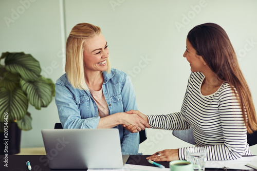 Smiling businesswomen sitting at an office table shaking hands t