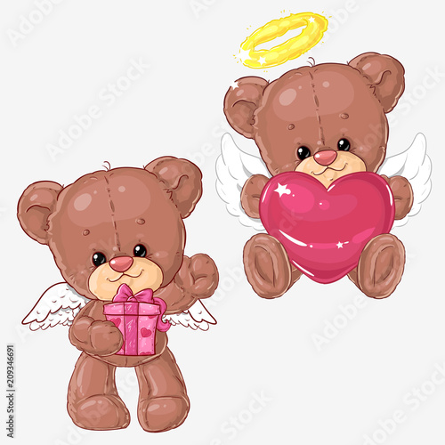 Set of cute teddy bears with hearts and gift box for greeting cards and scrapbooking for St. Valentine's Day.