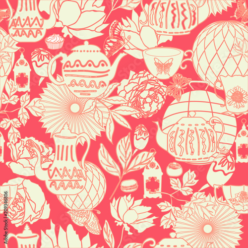 vector monochrome vintage garden tea party seamless pattern background in a flower garden-like arrangement. Ideal for wallpaper, fabric, scrap booking, invitations, cards, gift wrap