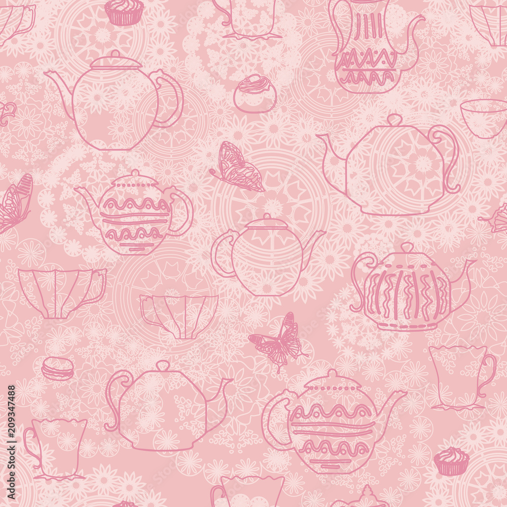 pink vintage seamless pattern background with teapots teacups
