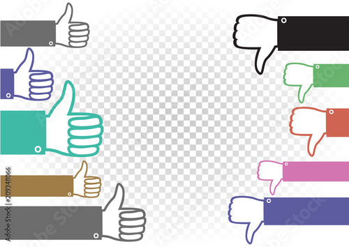like and dislike battle illustration. Followers and haters war. Hand palm with raised upward and down thumb finger on white transparent background. Good well and bad evaluation of the concept or idea