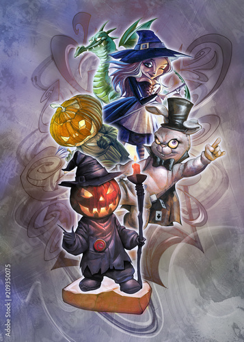 Cartoon halloween illustration of a mystical surreal enigmatic landscape with some magic portal in skies and a funny cute evil mascot in front
