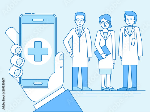 Vector illustration in linear flat style and blue colors - online and tele medicine concept