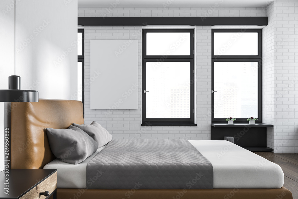 White brick bedroom interior, side view, poster Stock Illustration
