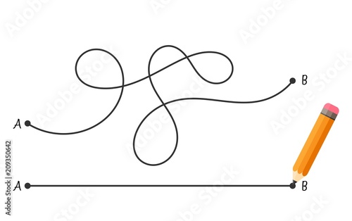 Straight and complicated path from point A to point B isolated on white. Concept of problems and solutions