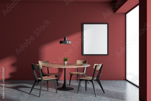 Minimalistic panoramic red dining room, frame