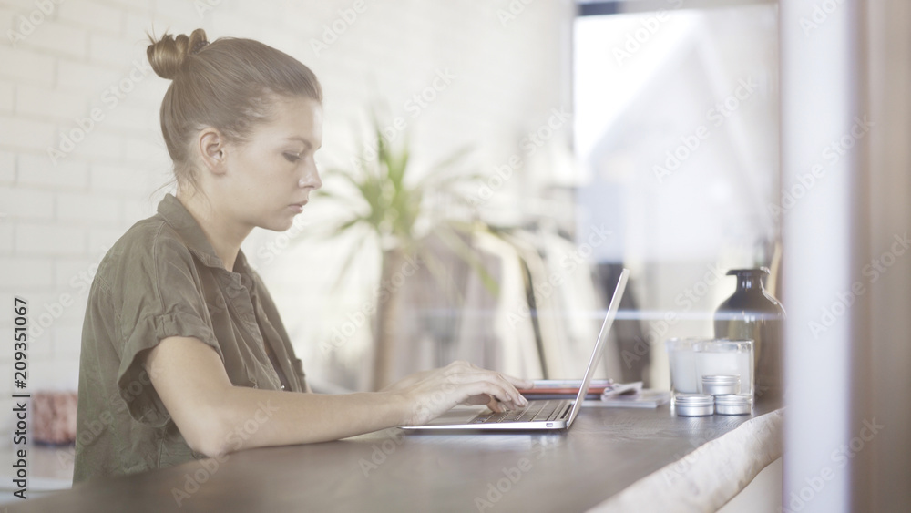 A young pretty serious concentrated girl dressed in a green shirt with a laptop sitting at a table A young pretty serious concentrated girl dressed in a green shirt with a laptop sitting at a table