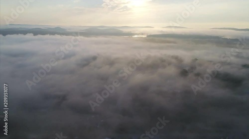 Flying Over Brewster Train Yard on a Foggy Morning at Sunrise
