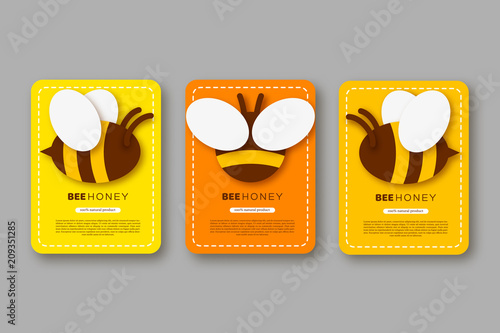 Set of labels or stickers with paper cut style bee. Template design for beekeeping and honey product. Yellow and orange background, vector illustration.
