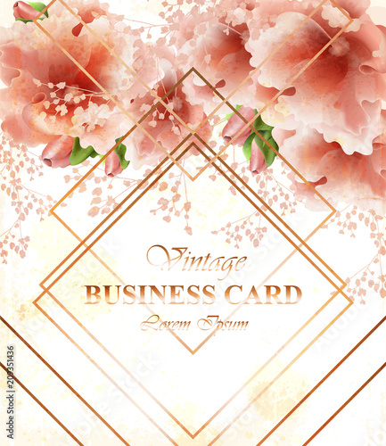 Business card with beautiful delicate pink flowers. Golden abstract frames st...
