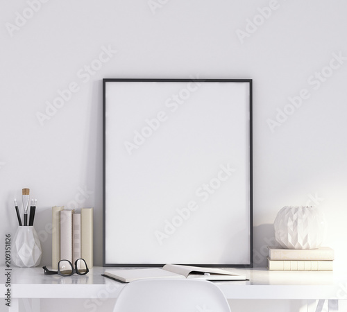 Mock up poster frame in living room, working area, Scandinavian style, 3d render