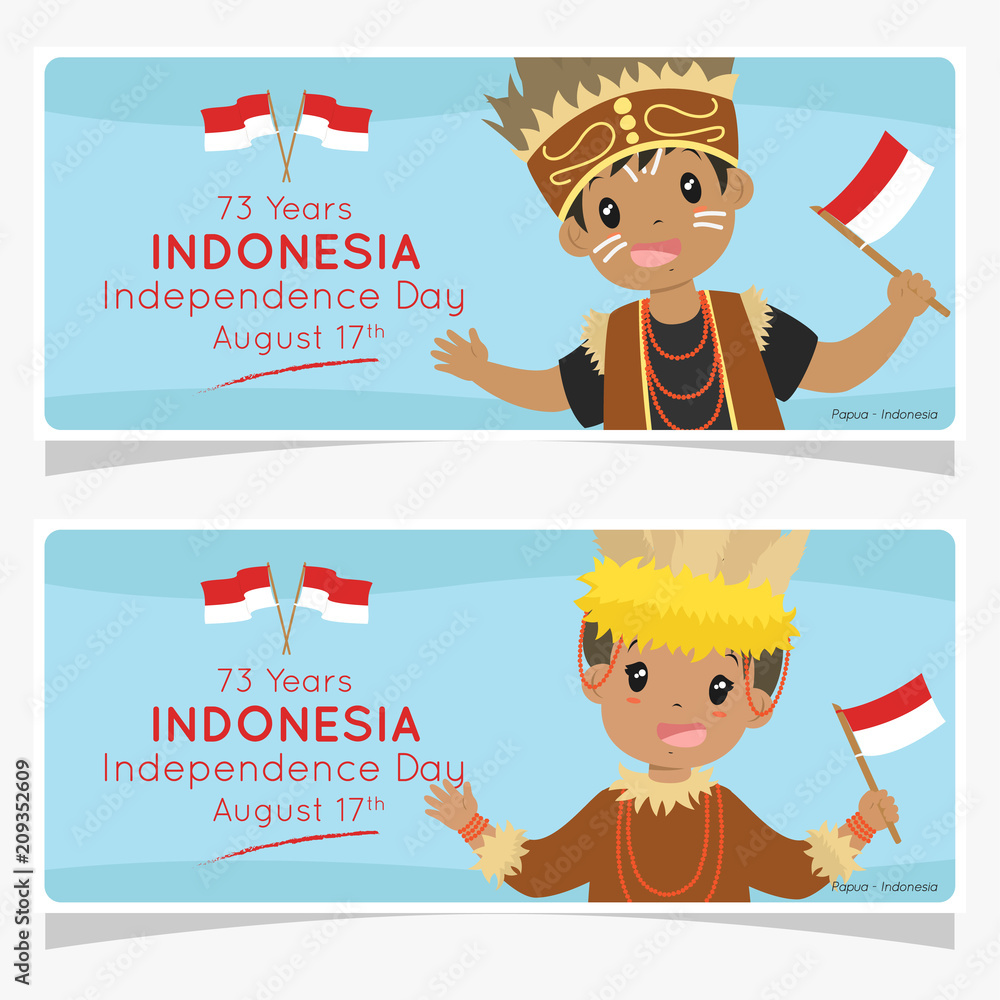 Indonesia independence day celebration banner design, cartoon vector. Papua boy and girl holding Indonesian flags. Printable banner vector Stock Vector | Adobe Stock Indonesia independence day celebration banner design, cartoon vector. Papua boy and girl holding Indonesian flags. Printable banner vector Stock Vector | Adobe Stock