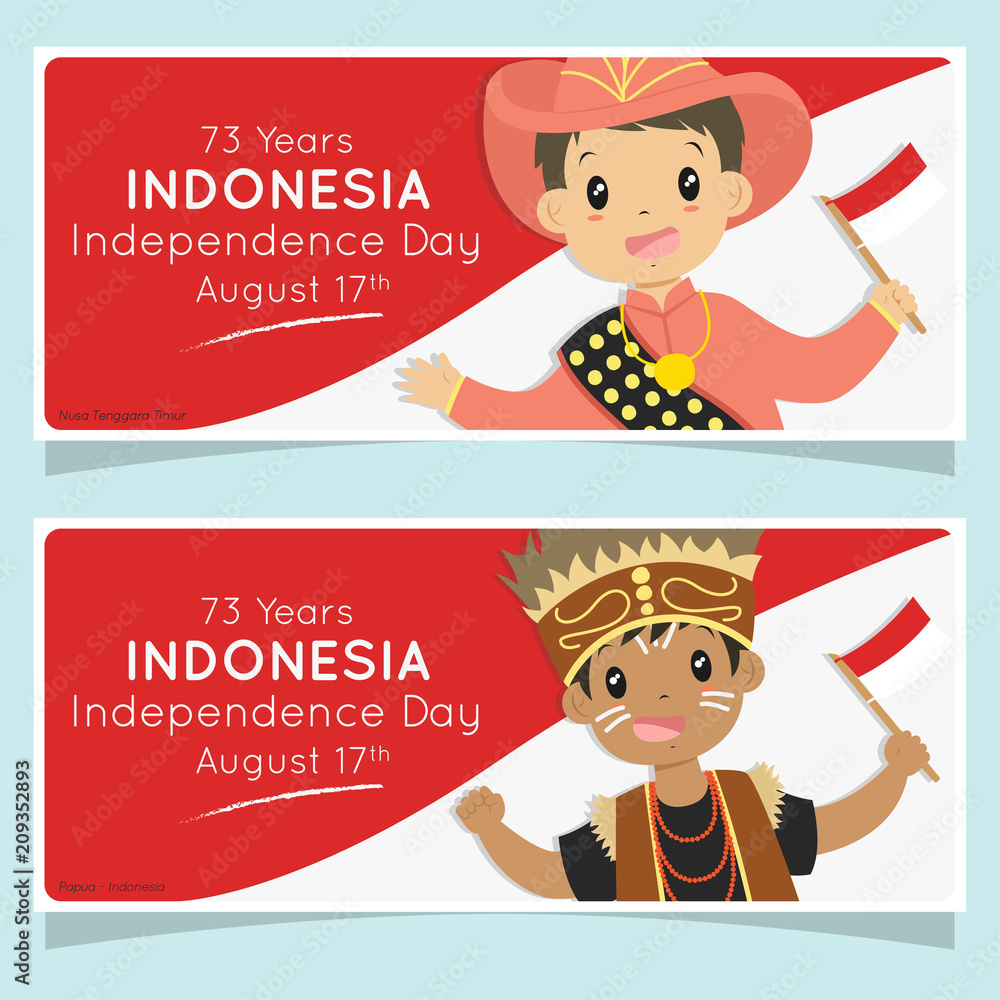 Indonesia independence day celebration banner design with Indonesian flag  background, cartoon vector. Papua and Nusa Tenggara Timur boys holding  Indonesian flags. Printable banner vector Stock Vector | Adobe Stock