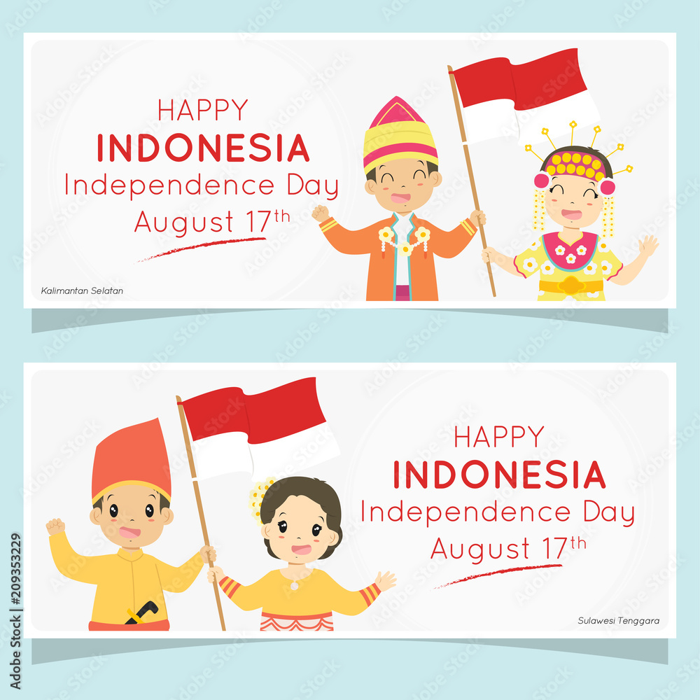 Indonesia independence day celebration banner design, cartoon vector. happy  Kalimantan Selatan and Sulawesi Tenggara children holding Indonesian flag.  Printable banner vector Stock Vector | Adobe Stock