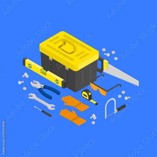 Vector isometric construction tools around toolcase concept. House remodeling equipment in isometry. Repair and building instruments.