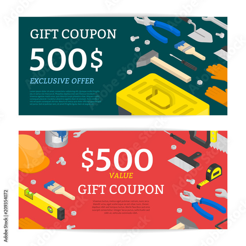 Vector isometric construction tools gift coupon templates. House remodeling equipment tools voucher. Repair and building instruments.