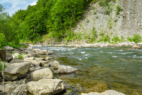 The mountain river in the Carpathians is a landscape. The Prut River, Yaremche, Ukraine.