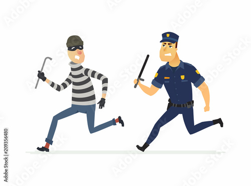 Burglar and policeman - cartoon people characters illustration