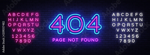404 page not found vector banner. 404 error design template, neon sign billboard, contemporary design design. Vector illustration. Editing text neon sign