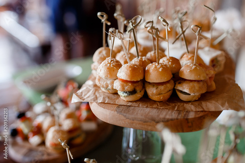 Close-up food for party: snacks, burgers, canapes. Catering service.