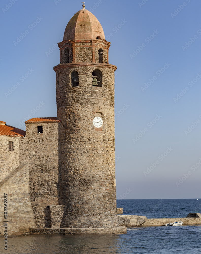  Church Notre-Dame-des-Anges, iconic religious building of maritime village of Colliuoure, Languedoc-Roussillon, France.