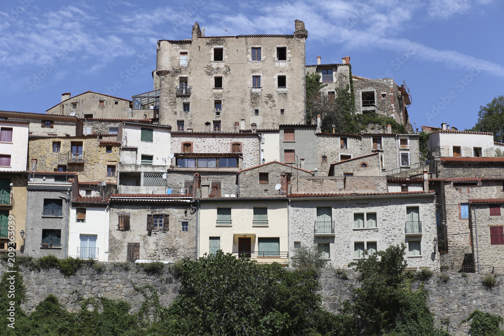   Village view, small and picturesque french village,member of Les Plus Beaux Villages de France (The most beautiful villages of France).Mosset,Pyrenees-Orientales,Occitanie.