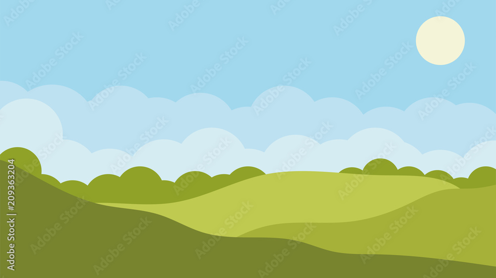 Valley landscape with hills, sky, clouds and sun. Vector illustration.