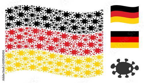 Waving German state flag. Vector bacteria design elements are grouped into mosaic Germany flag illustration. Patriotic illustration created of flat bacteria elements.